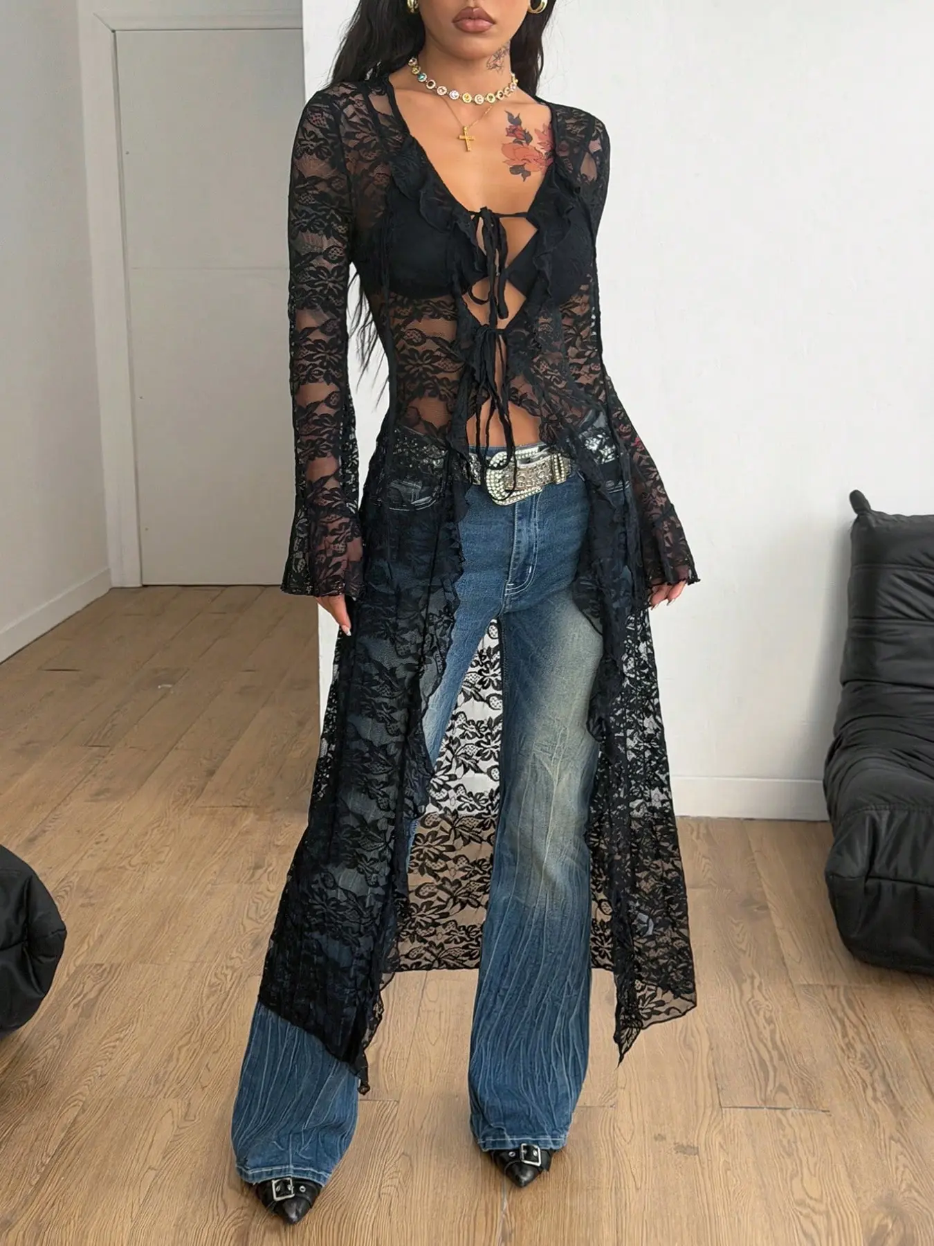 Women's Floral Lace Semi-Transparent Long Cardigan, Y2K Gothic Style V Neck Ruffle Front Tie, Bell Sleeve Night Outwear Vibe
