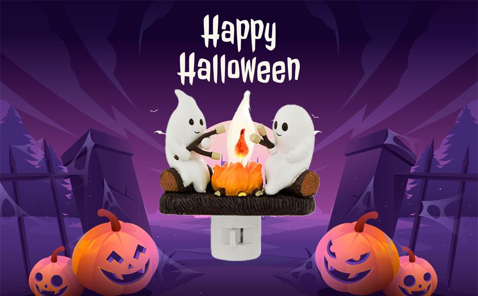 Ghosts Campfire Night Light, Wireless Led Plug in Wall Sconces Flicker Flame Figurine Lamps Halloween Decorations Indoor for Family, Party, Room, Kitchen (1pcs)