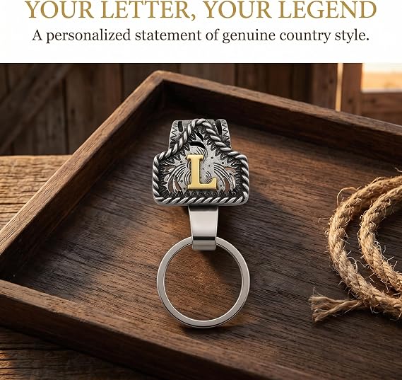 Vintage Western Cowboy Letter A-Z Keychain, Personalized Belt Key Holder for Pockets & Bags Pendant Accessories, Retro Initial Key Chain Clip Accessories