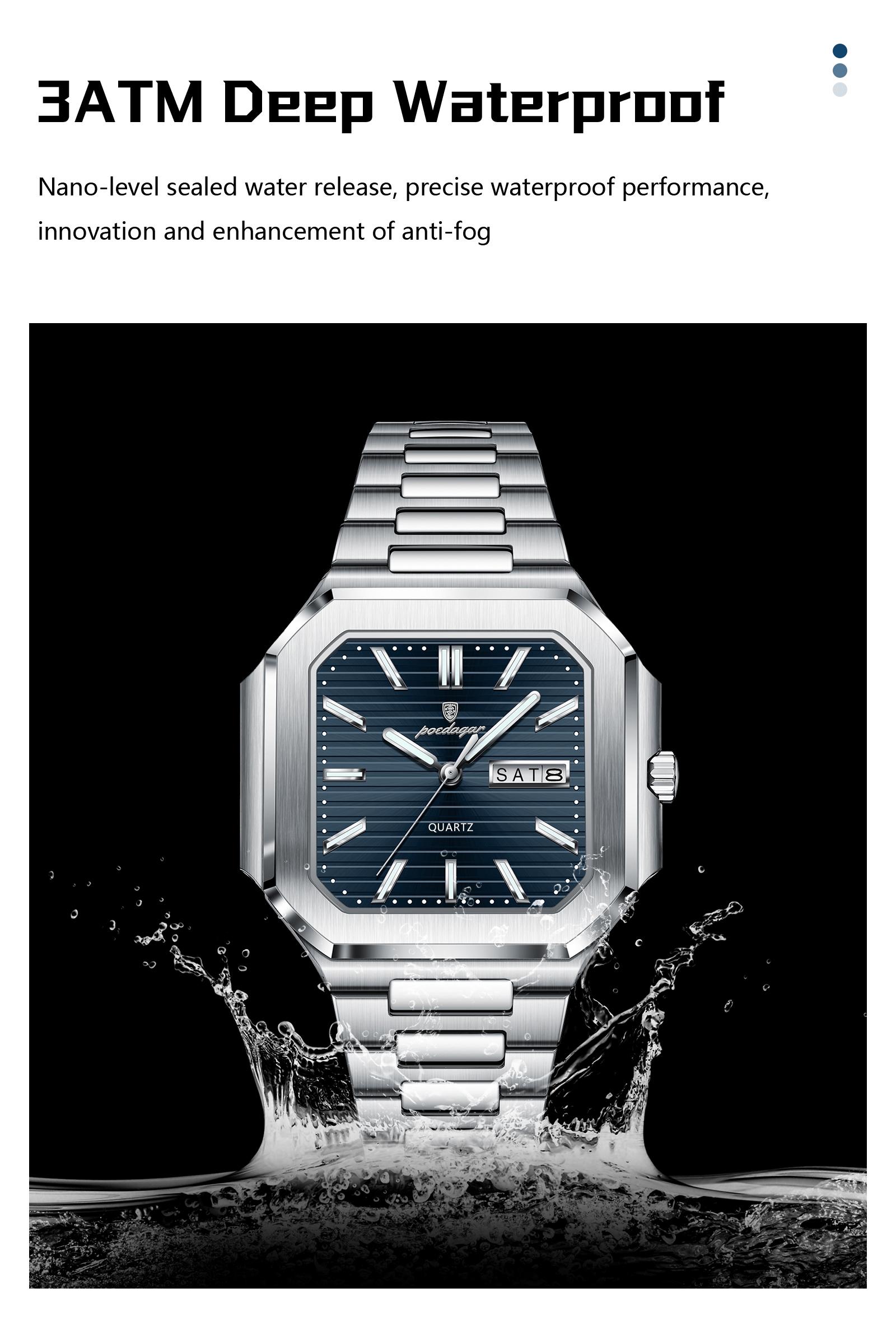 Poedagar square luxury fashion men's waterproof quartz watch, with luminous date and day display, stainless steel men's watch Square dial wristwatch