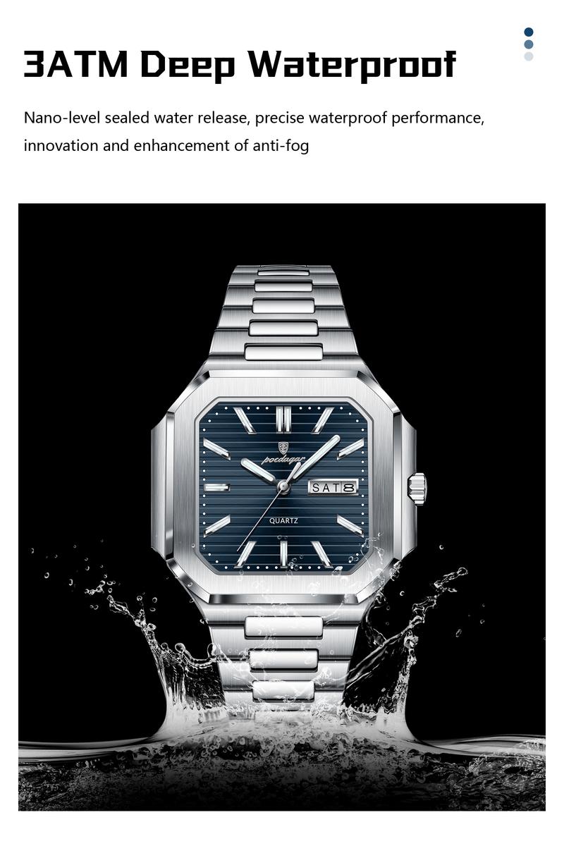 Poedagar square luxury fashion men's waterproof quartz watch, with luminous date and day display, stainless steel men's watch Square dial wristwatch
