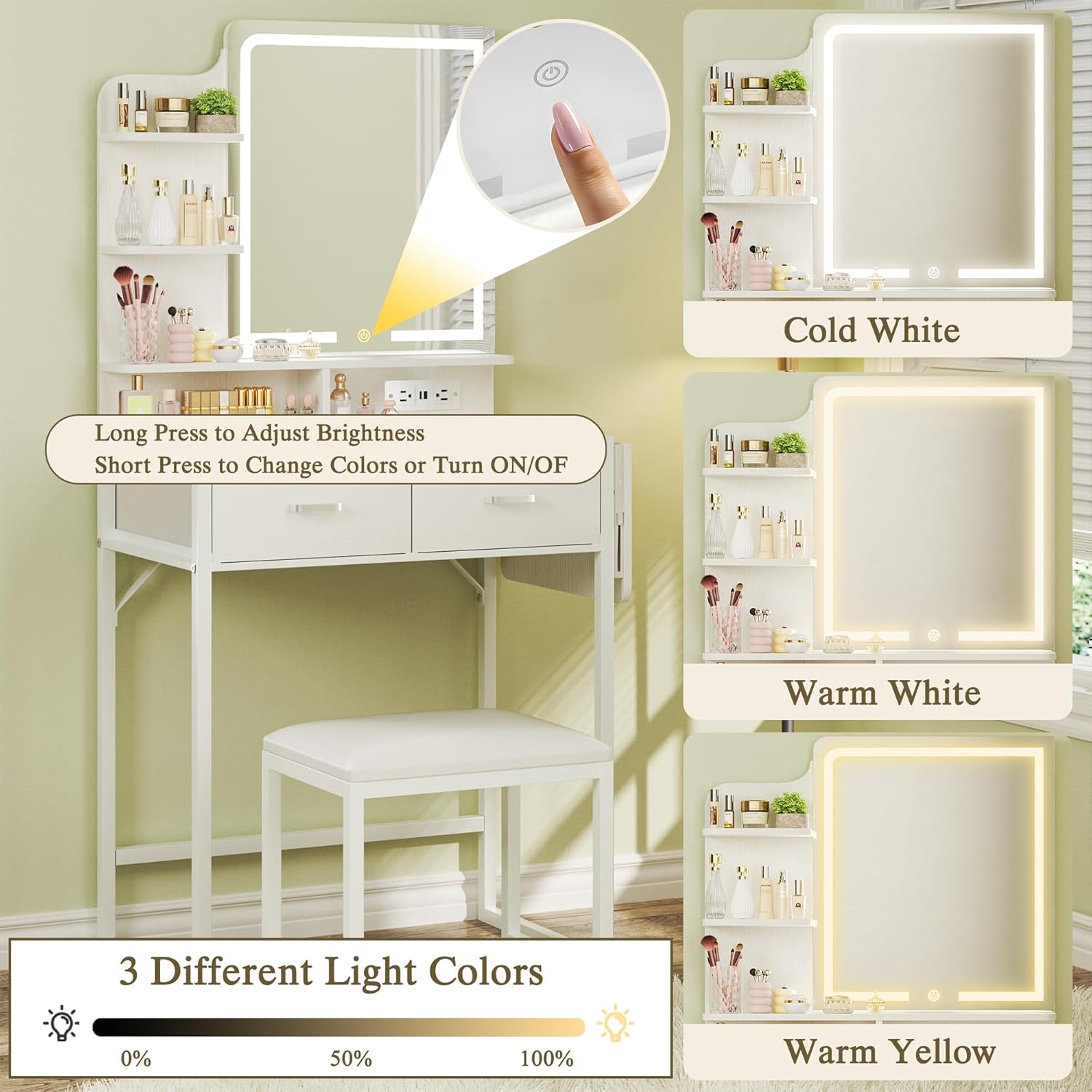 Makeup Vanity Desk with Mirror and Lights, Small Makeup Vanity with Fabric Storage Drawer & Chair & Shelves, White Vanity with Fold-up Panel and Power Outlet for Bedroom