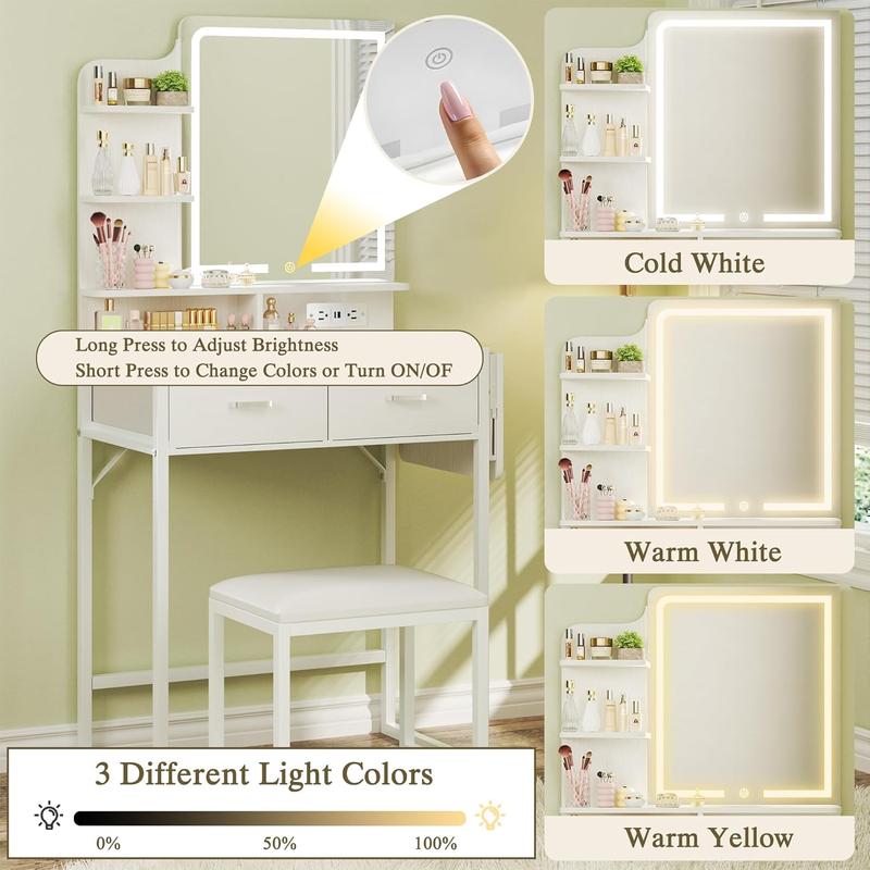 Makeup Vanity Desk with Mirror and Lights, Small Makeup Vanity with Fabric Storage Drawer & Chair & Shelves, White Vanity with Fold-up Panel and Power Outlet for Bedroom