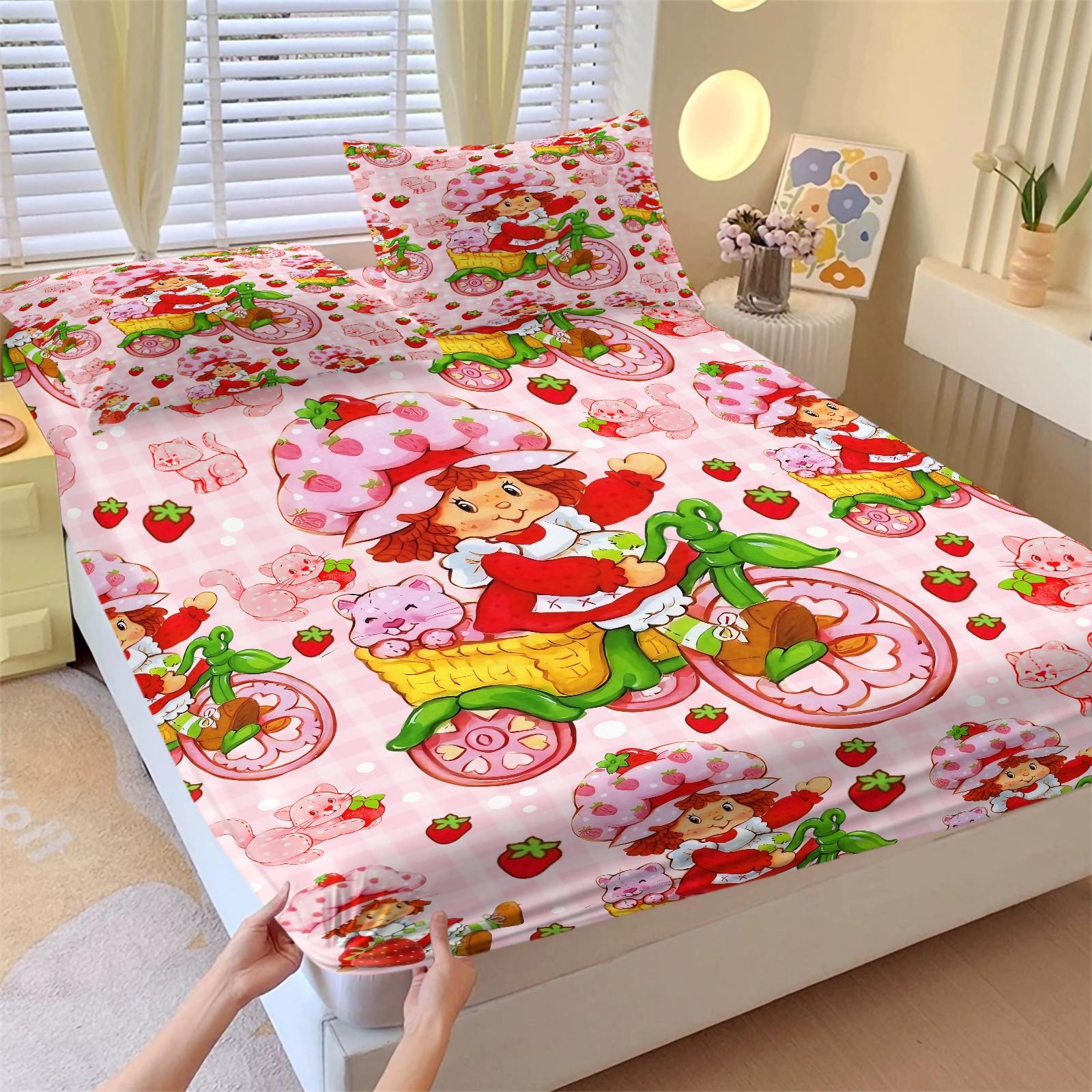 Strawberry Sweetheart Fitted Sheet Set & 2 Pillowcases No Core, Pink White Plaid, Pink Cat & Full Print Strawberry Design, Soft Anti-Slip Wrinkle-Resistant, Fairy-Tale Girls Room, Kids Room Decor Gift Choice