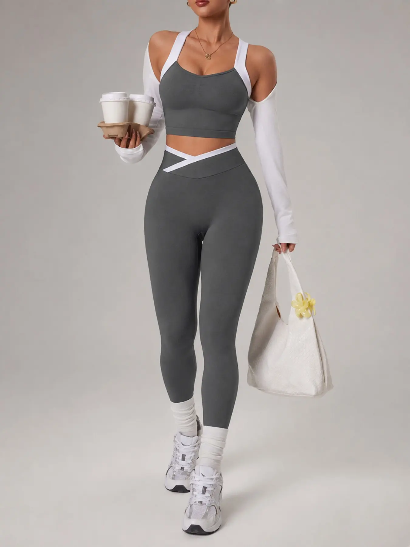 Women's Colorblock Sporty Set, High Waist Cross Back Yoga Pants, Stretchy Tummy Control Workout, Pilates Running Training Gear