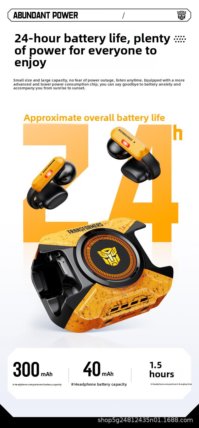 Transformers TF-T93 Ear-Clip True Wireless Bluetooth 6.0 Earbuds with Mic, Zinc Alloy Armor Case, Low Latency Game/Music Modes, Hi-Fi 12mm Drivers, Secure Fit Sports Earphones (Megatron Black)