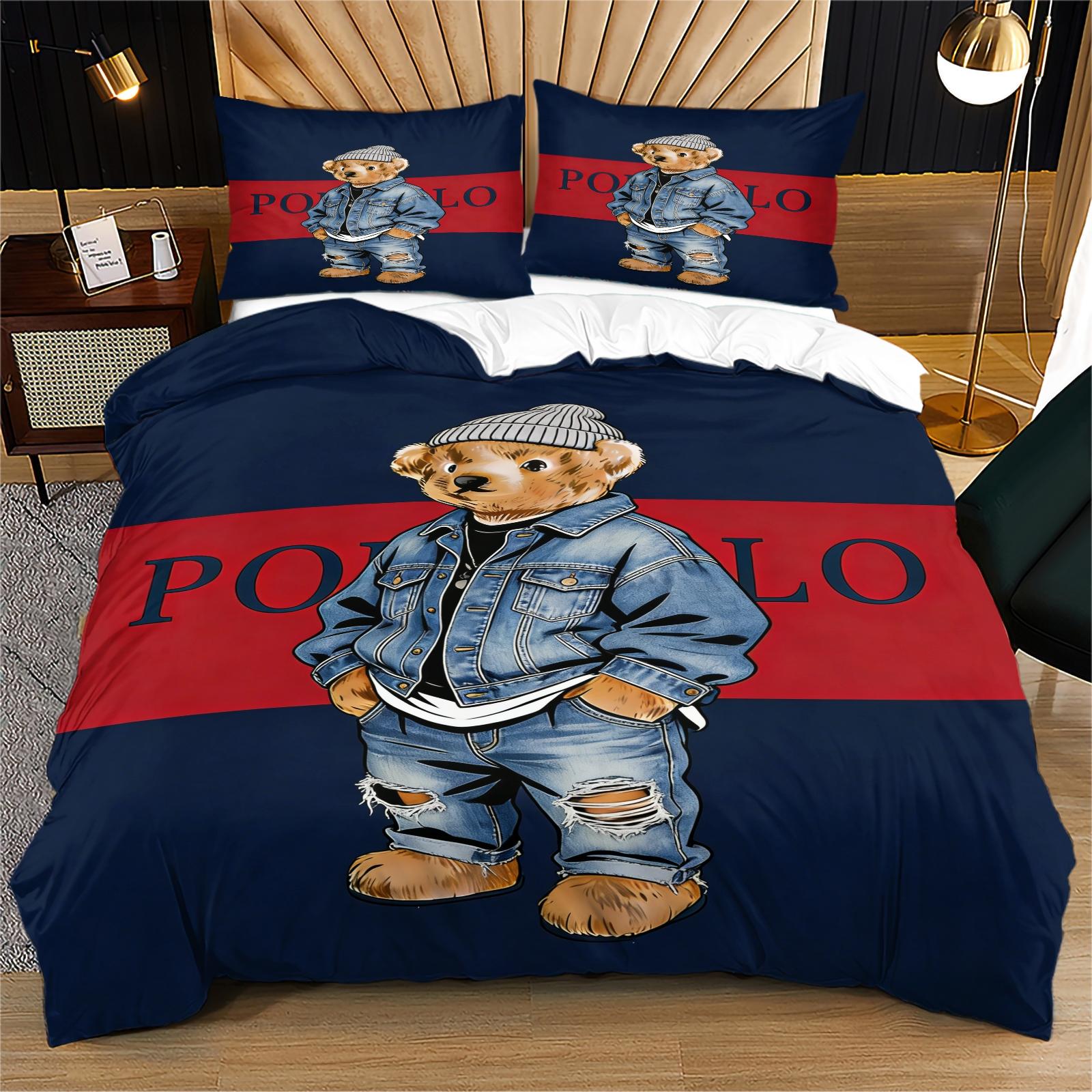 Striped Bear Pattern Print Soft and Durable Bedding Set, Includes 1 Duvet Cover and 1 or 2 Pillowcases, Excludes Quilt and Pillow Inserts, Suitable as Gifts for Teens and Adults, Modern Stylish Bedroom Bed Decorations
