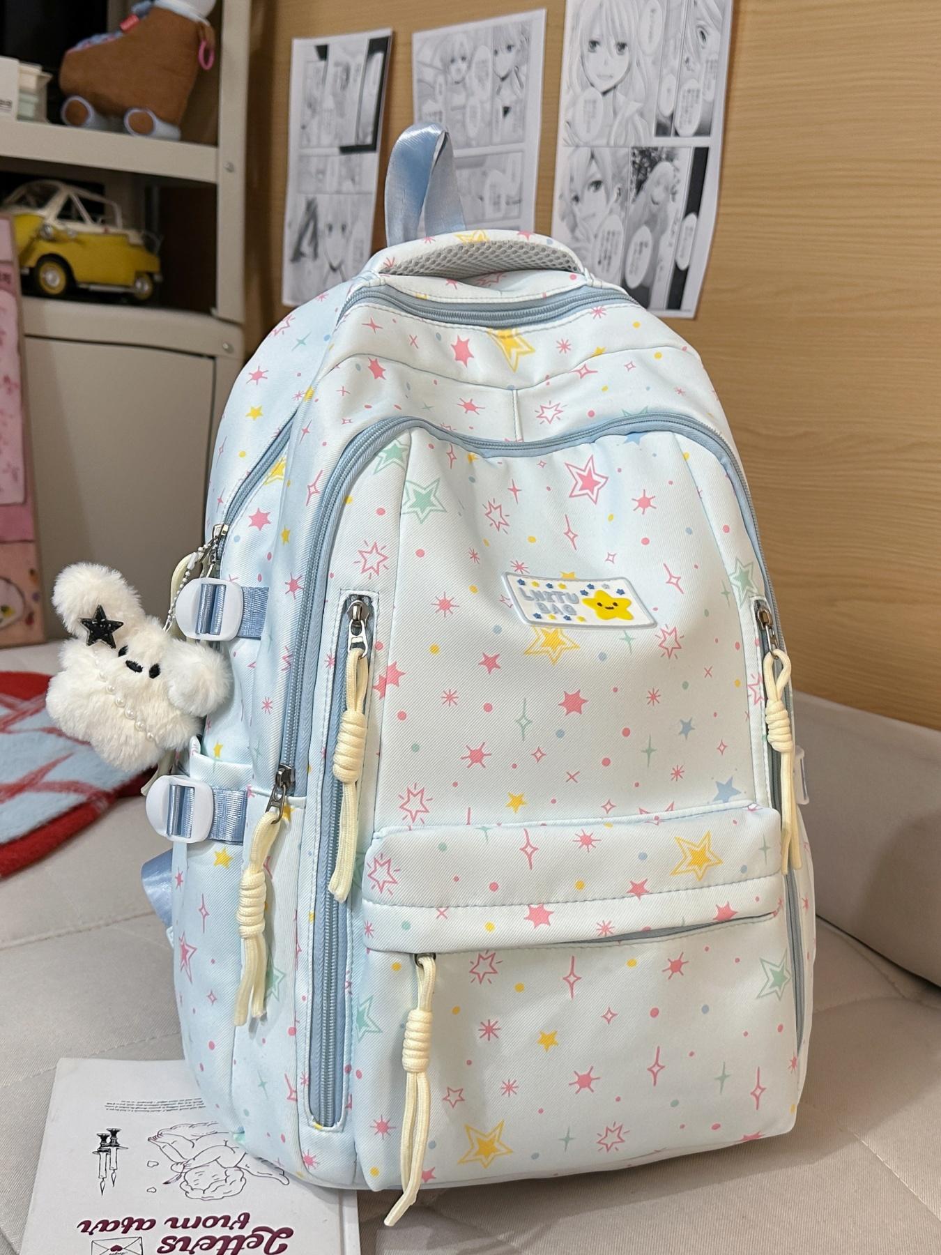 2026 New Cute Waterproof Fashion Star Pattern Backpack, High School Student Book Bag, Large Capacity Dual Shoulder Bag with Charm