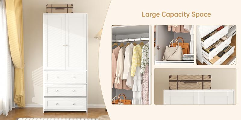 VOWNER Freestanding Wardrobe, 71" High Closet with 2 Doors and 3 Drawers, Bedroom, Living Room