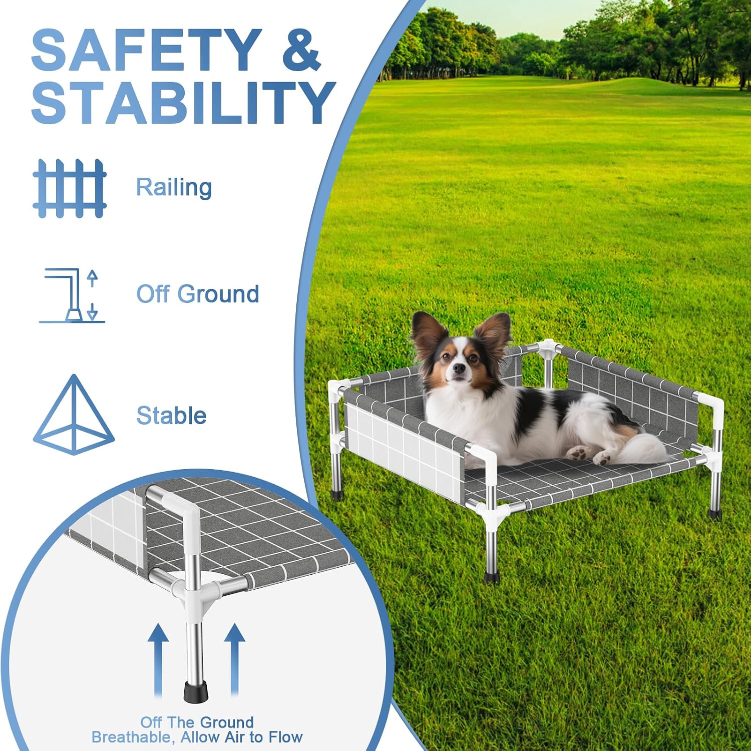 Elevated  Bed with Guardrail, Raised  Bed for Small Dogs | Rust-resistant stainless steel frame with safety fence & soft  fabric. Anti-slip  for secure indoor and outdoor use