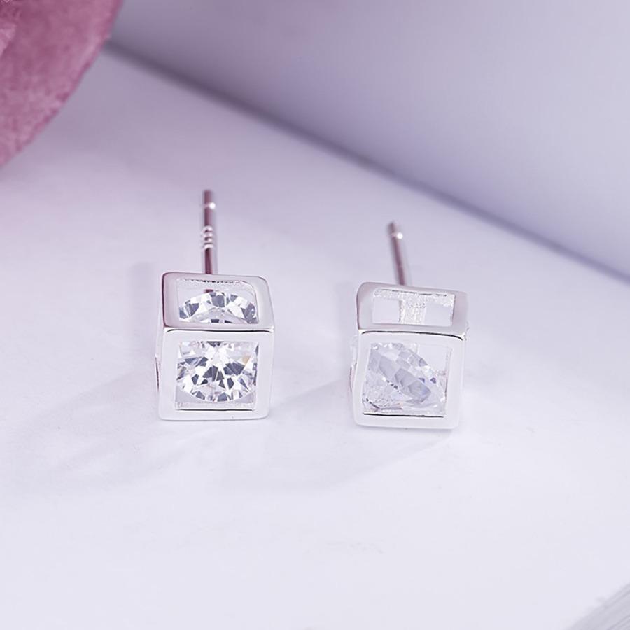 S925 silver love cube earrings geometric hollow square super flash diamond earrings personality creative simple temperament earrings