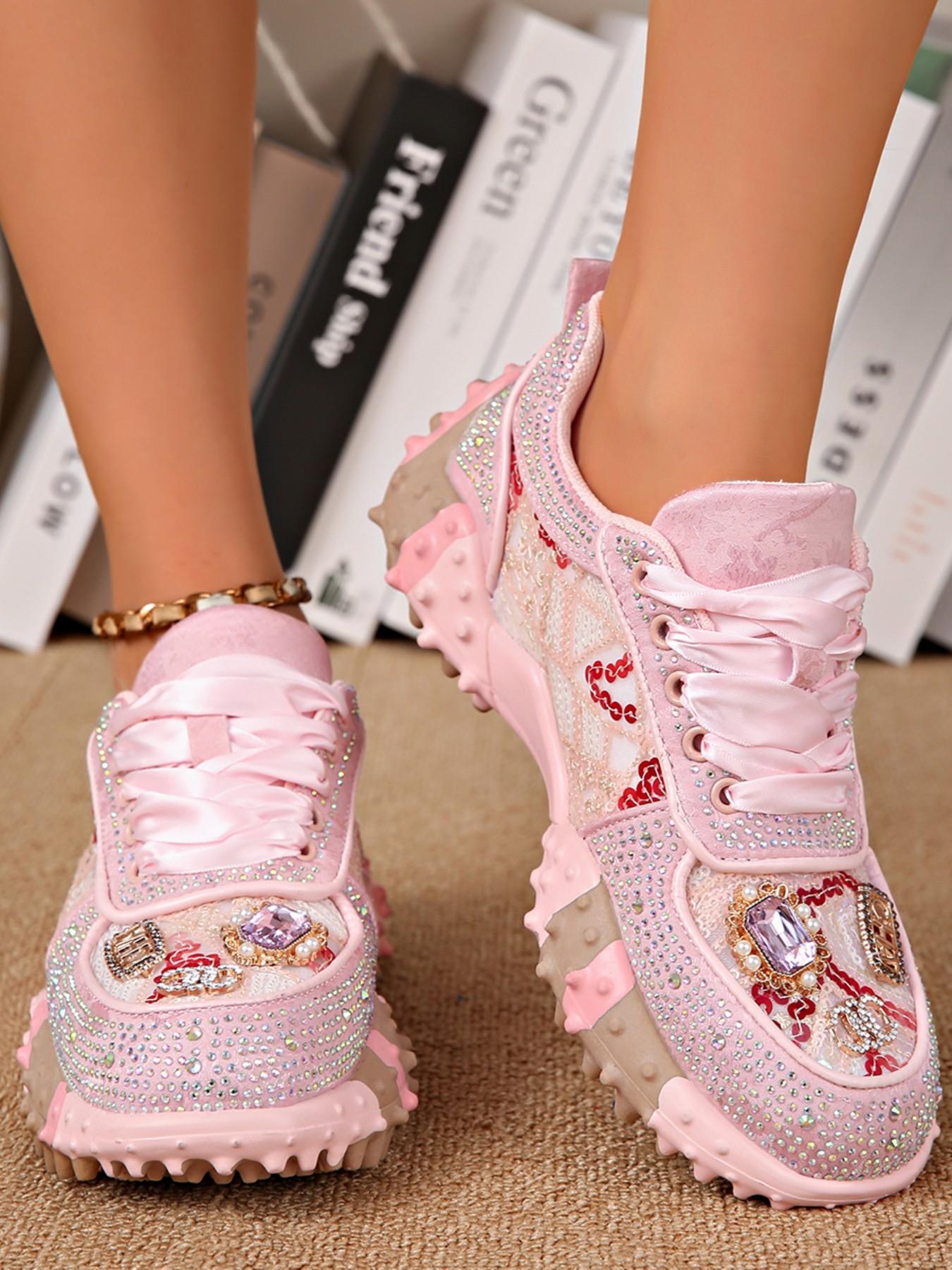 Women's New Rhinestone Dad Shoes, Mesh Breathable Water Drill Thick Sole Height Increase Casual Sports Shoes