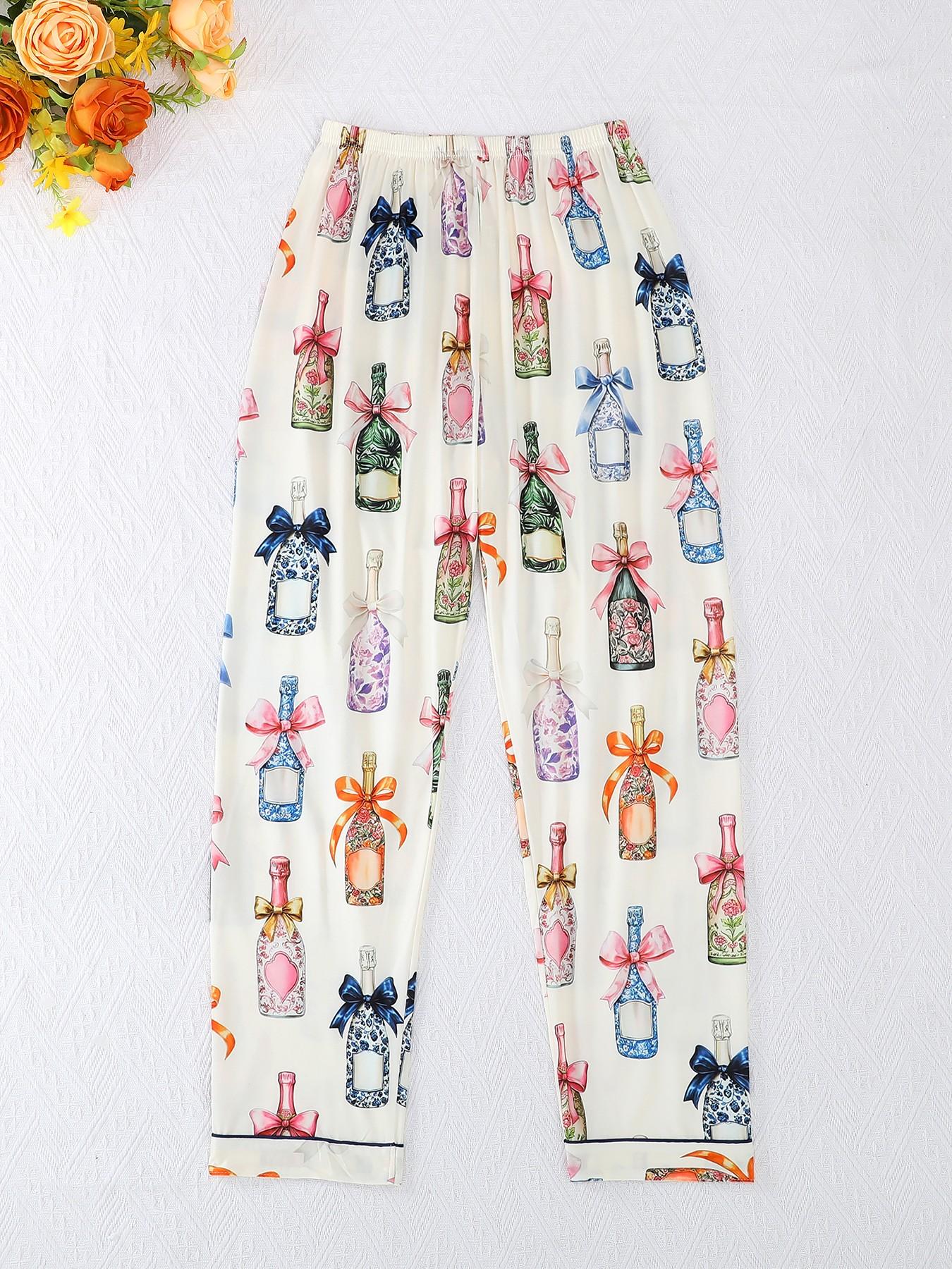 Three Pieces Pajama Set, Casual Women's Sleepwear, Cartoon Print, Fitted, All Seasons, Short Sleeve Top and Comfortable Pants
