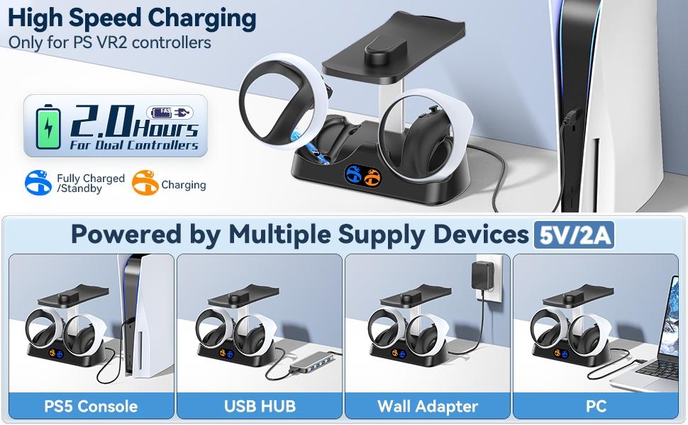 SUNDAY MIRTH Ps5 Vr2 Controller Charging Station with VR Headset Stand, Includes LED Indicator and 2 Magnetic Clips, Essential VR Accessories for Ps Vr2