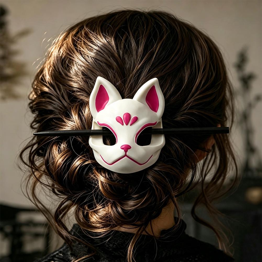 Vintage Resin Fox Mask Hairpin, Hand-Painted Japanese Traditional Hair Accessory, Retro Animal Pattern, Wedding & Festival Gift