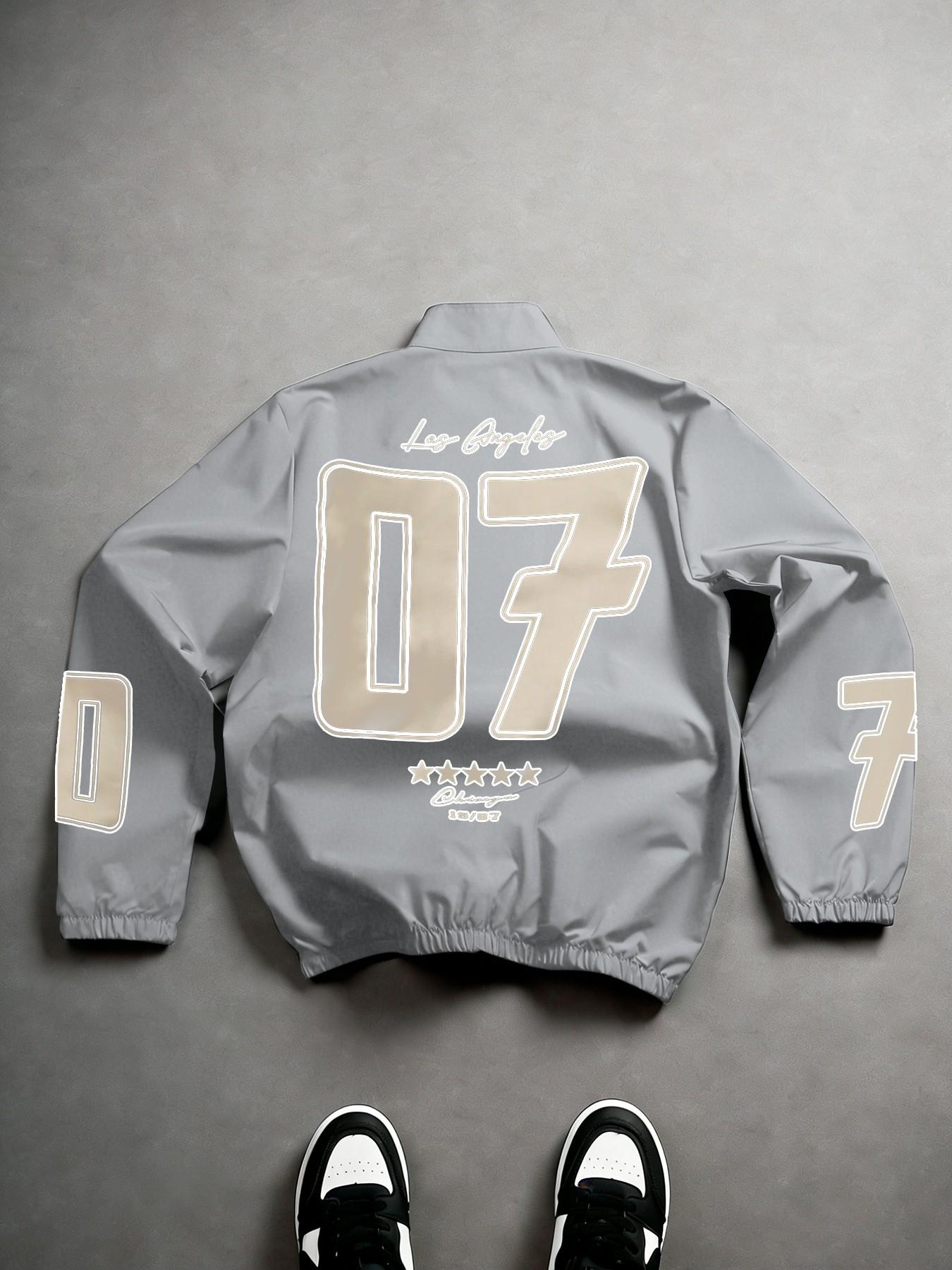 Men's Black Los Angeles Zip-Up Jacket with 07 Number Back Print and Star Details, Vintage Sportswear with Sleeve Numbers for Casual Street Style and Daily Wear, Athletic Jackets, Athlete Jackets
