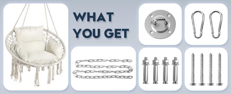 Bohemian Hanging Swing Chair with Thick Cushion (Stand not included）– 330 lb Capacity, Cream White Hammock Chair for Indoor & Outdoor Relaxation