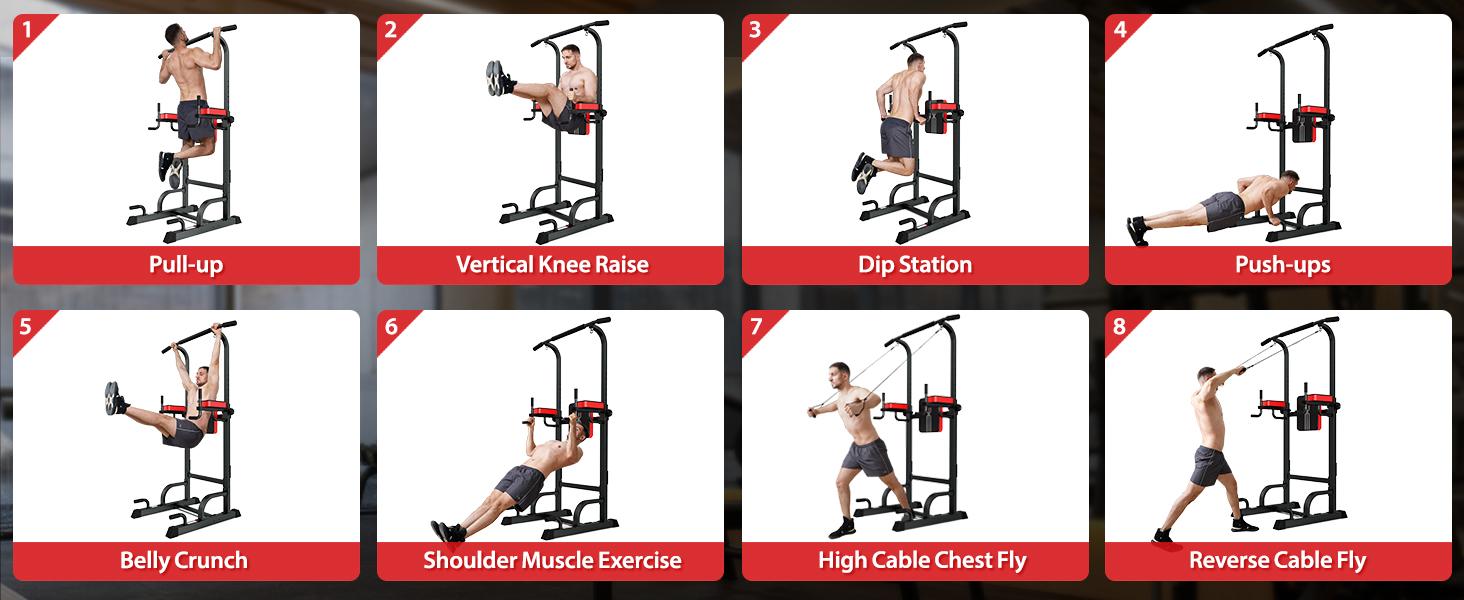 Pooboo Multi-Function Power Tower, Pull Up Bar and Dip Station for Home Gym, Strength Training Fitness Equipment with 350LB Weight Capacity