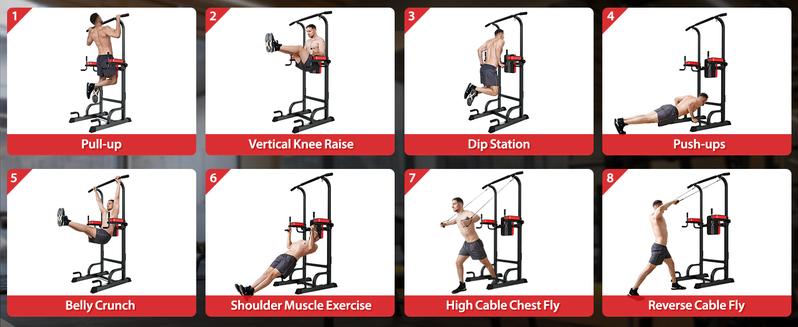 Pooboo Multi-Function Power Tower, Pull Up Bar and Dip Station for Home Gym, Strength Training Fitness Equipment with 350LB Weight Capacity