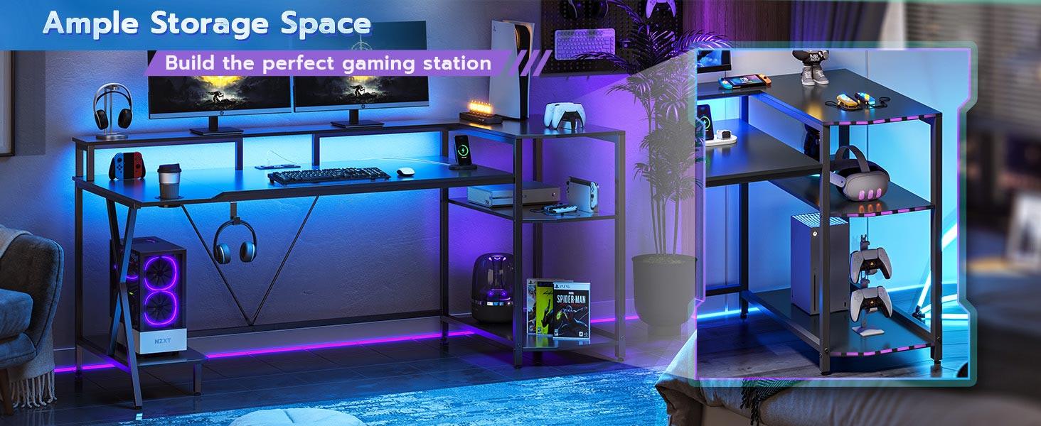 SEDETA Gaming Table 70.8-Inch with LED Lights and Storage Shelf with Monitor Stand Power Outlet and Cup Holder Desk Gaming Table