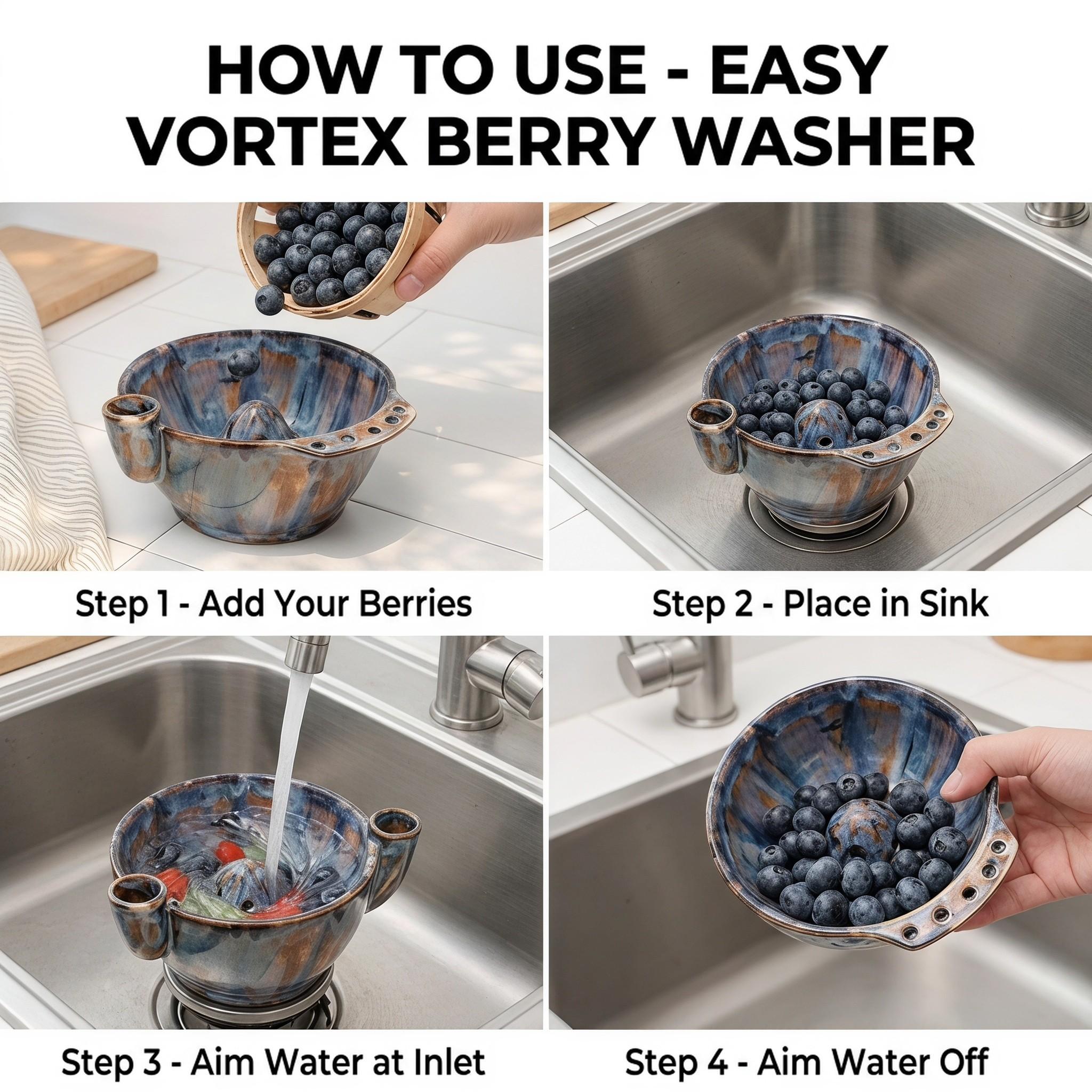 A ceramic berry cleaning bowl with automatic water flow vortex, fruit rinsing and draining bowl, handcrafted-style aesthetic kitchen gift, berry cleaning tool, no more hand-washing fruits, perfect gift item