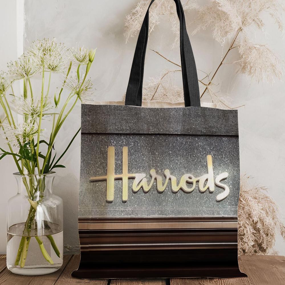 London L-Harrods Knightsbridge Storage Bags Canvas Double-Sided Print Black and White Tote Bag Large Capacity Shoulder Students Festive Fashion Eco Outdoor Picnic Travel High Quality Shopping Bag Machine Washable
