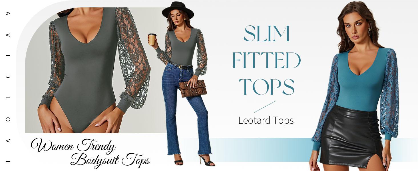 Avidlove Womens Long Sleeve Bodysuit Double Lined V Neck Lace Puff Sleeves Going Out Top Shirts Thong Leotard Body Suit