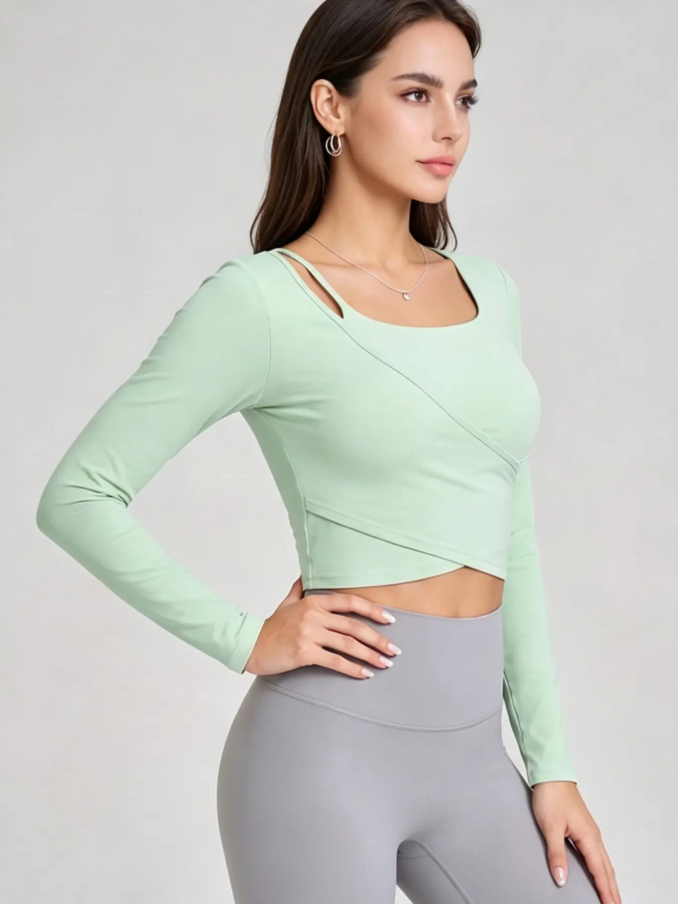 Women's Wrap Front Long Sleeve Workout Top, Cropped Square Neck Yoga Shirt for Gym, Pilates and Fitness