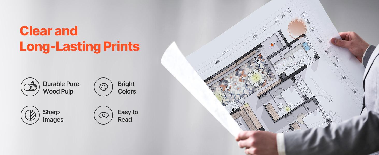 VEVOR Wide Format Paper, 24 inx 500 ft Plotter Paper, 2 Rolls CAD Bond Rolls with 3 in Core, 20 LB Bond Paper Rolls, Idea for CAD Drawings, Engineering Plans, GIS Maps Architectural Designs