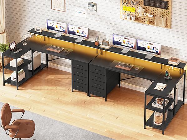 SEDETA 47.2 Inch L Shaped Desk with 4 Drawers and Storage Shelves L Shaped Gaming Desk with LED Lights Power Outlets