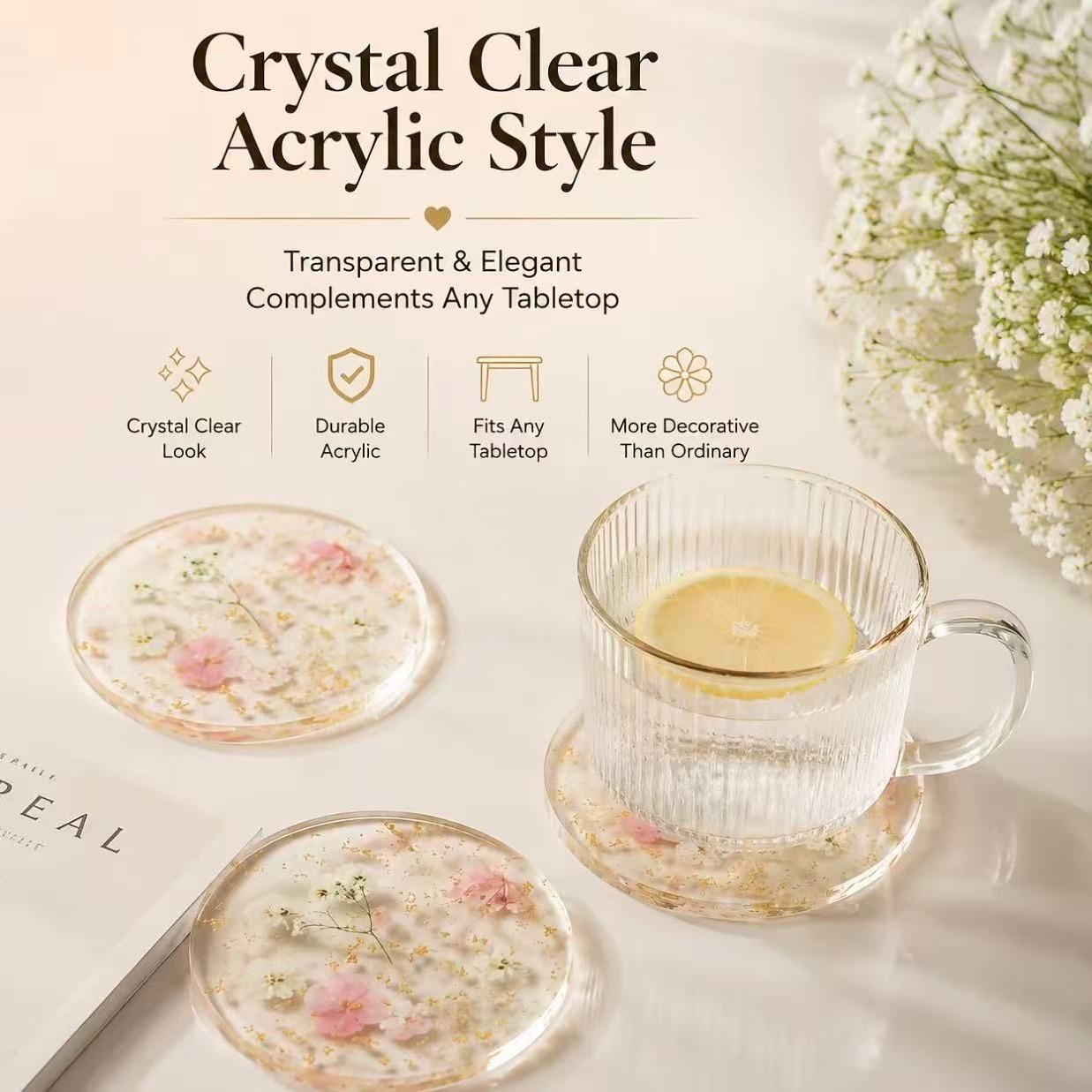 4pcs Transparent Floral Acrylic Tableware Coasters, Waterproof, Non-Slip, Heat Resistant,Home Gift, Kitchen, Office Desk, Wedding Birthday Party Decor
