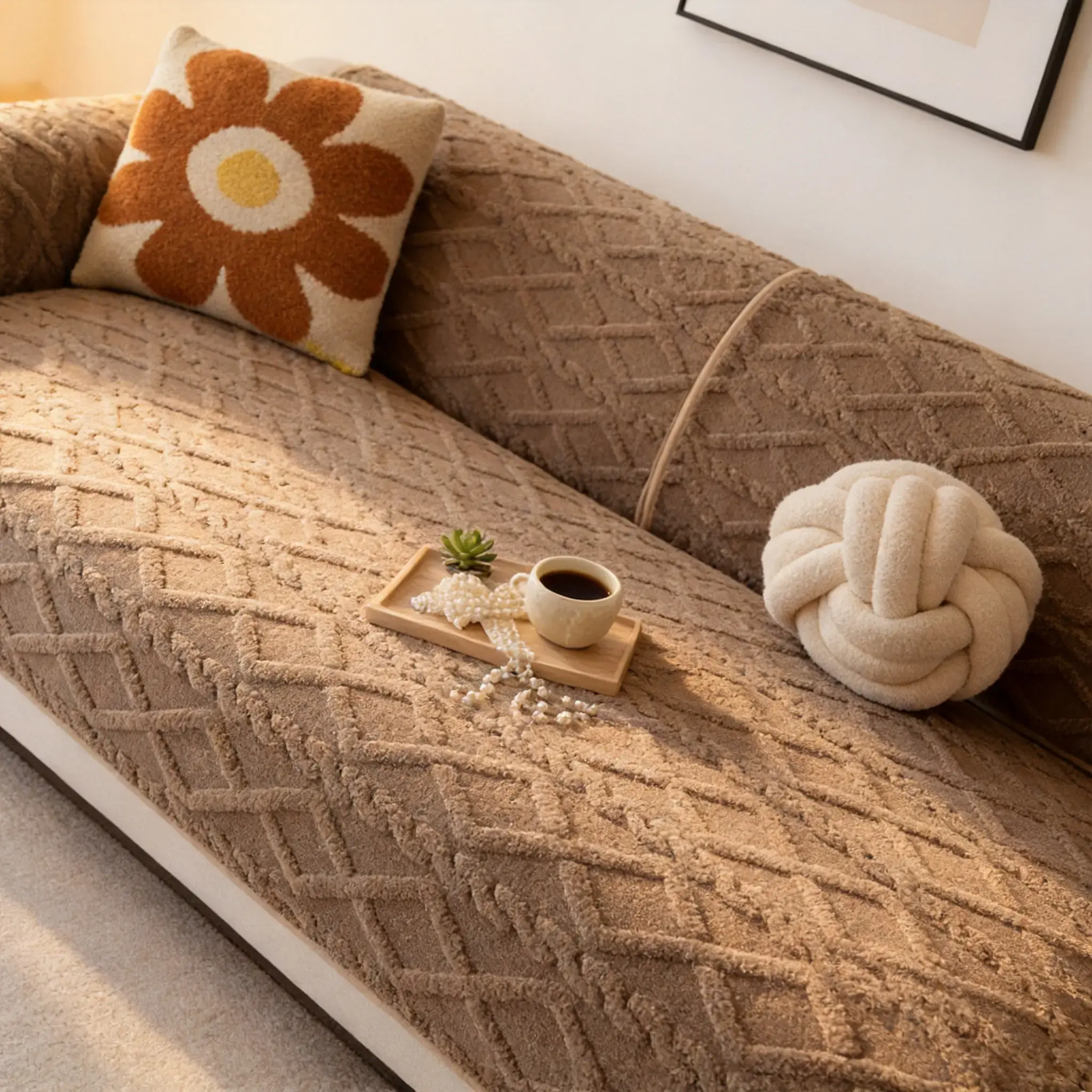 Pure Color Geometric Pattern Plush Sofa Cover, Soft Non-Slip Living Room and Bedroom Sofa Protector, Fashion Home Decor, Pet Friendly