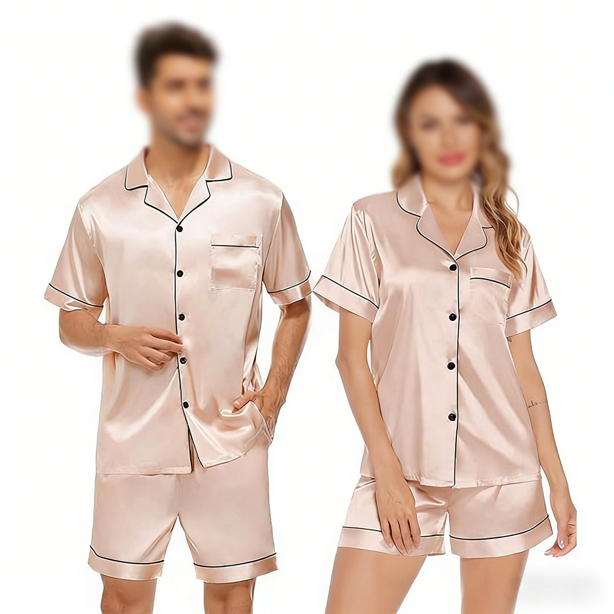 Women's & Men's Matching Satin Pajama Set, Short Sleeve Lounge Wear, Comfortable Couple Nightwear for Valentine's Day, Anniversary, Homewear