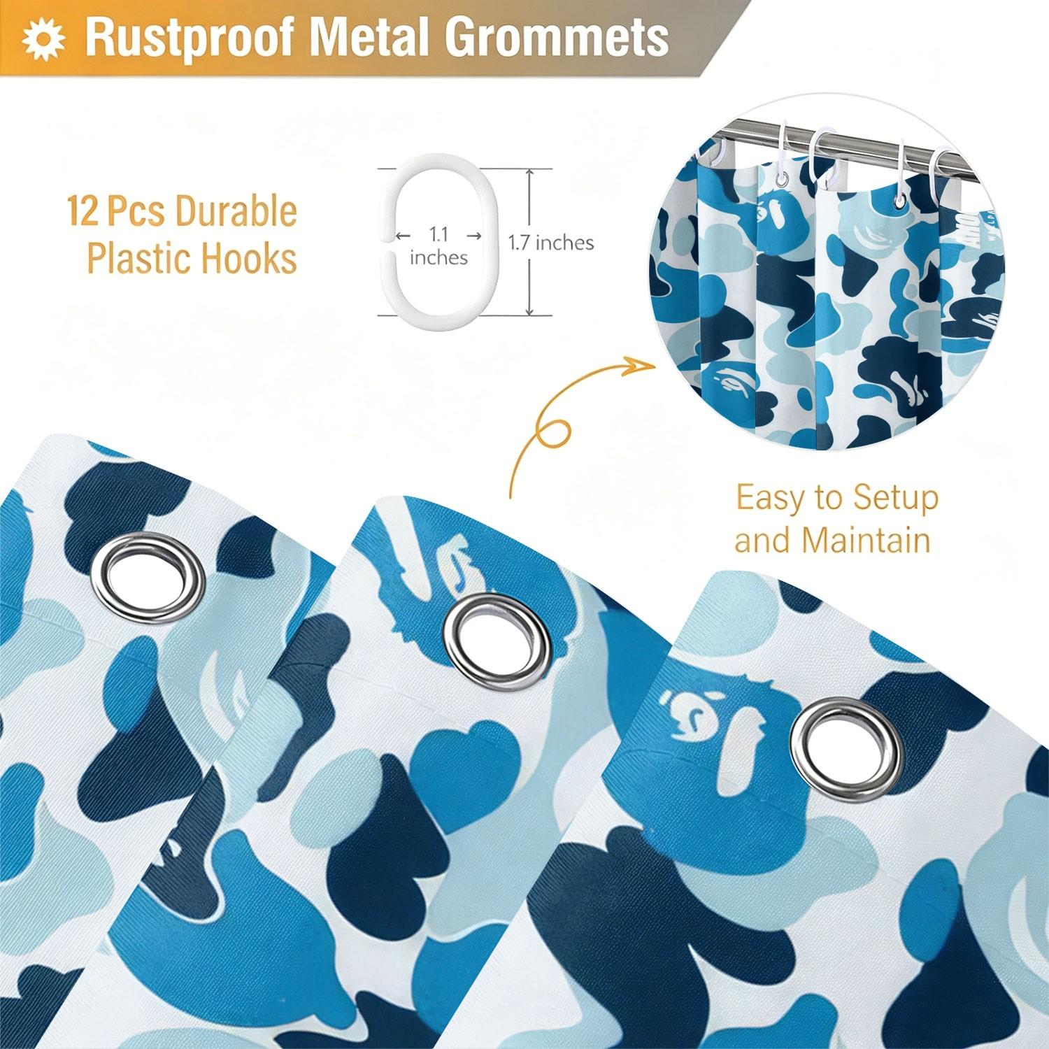 Waterproof Fabric Decorative Shower Curtain With Hooks, Featuring A Camouflage Ape Head Print. Made Of Waterproof And Mildew-Resistant Polyester/Peva, Suitable For Bathroom Decoration For Teenagers And Children. Machine Washable Bathroom Shower Curtains.