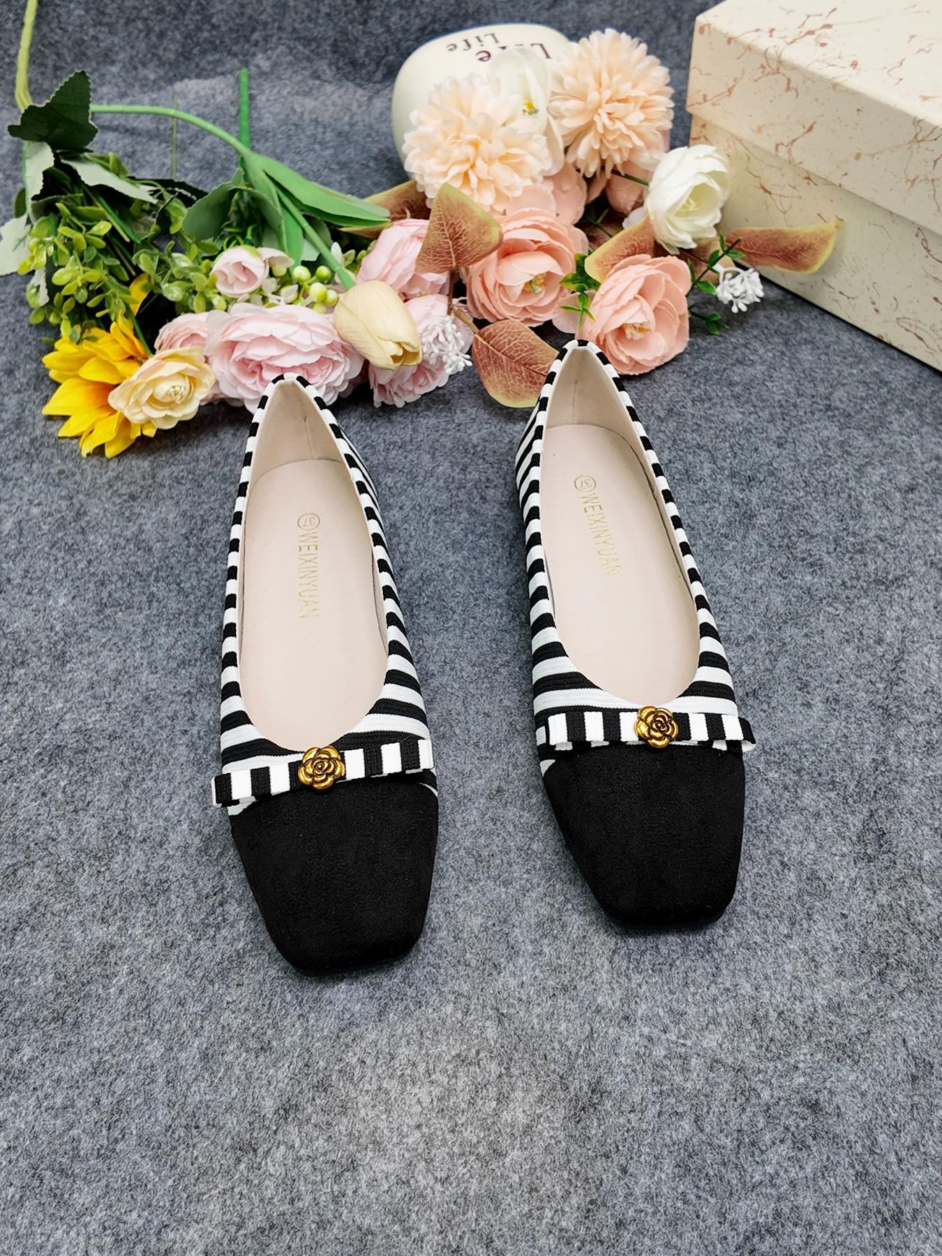 Cute Striped Bow Flat Shoes, Camellia Decoration, Women's Comfortable Casual Shoes, Student Weekend