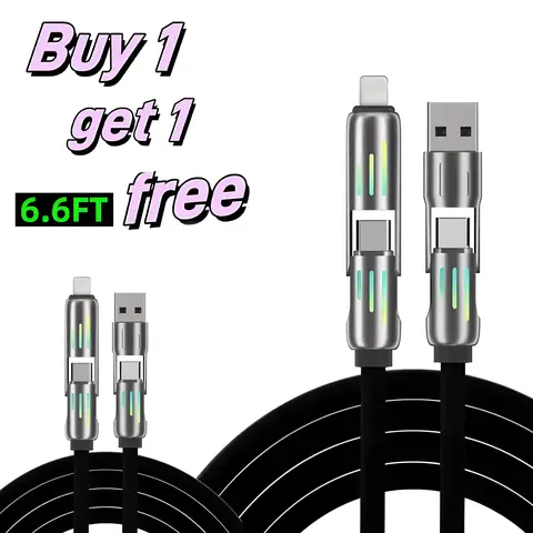 [Buy 1 Get 1 Free] 6.6ft 4-in-1 Multi USB Multifunctional Charging Cable, Super-Fast Charging USB-A/Type-C/Lightning Cable Max 65 W, Data Sync for iPhone, iPad, Samsung, Cellphone and Laptop Fast Charging Cables