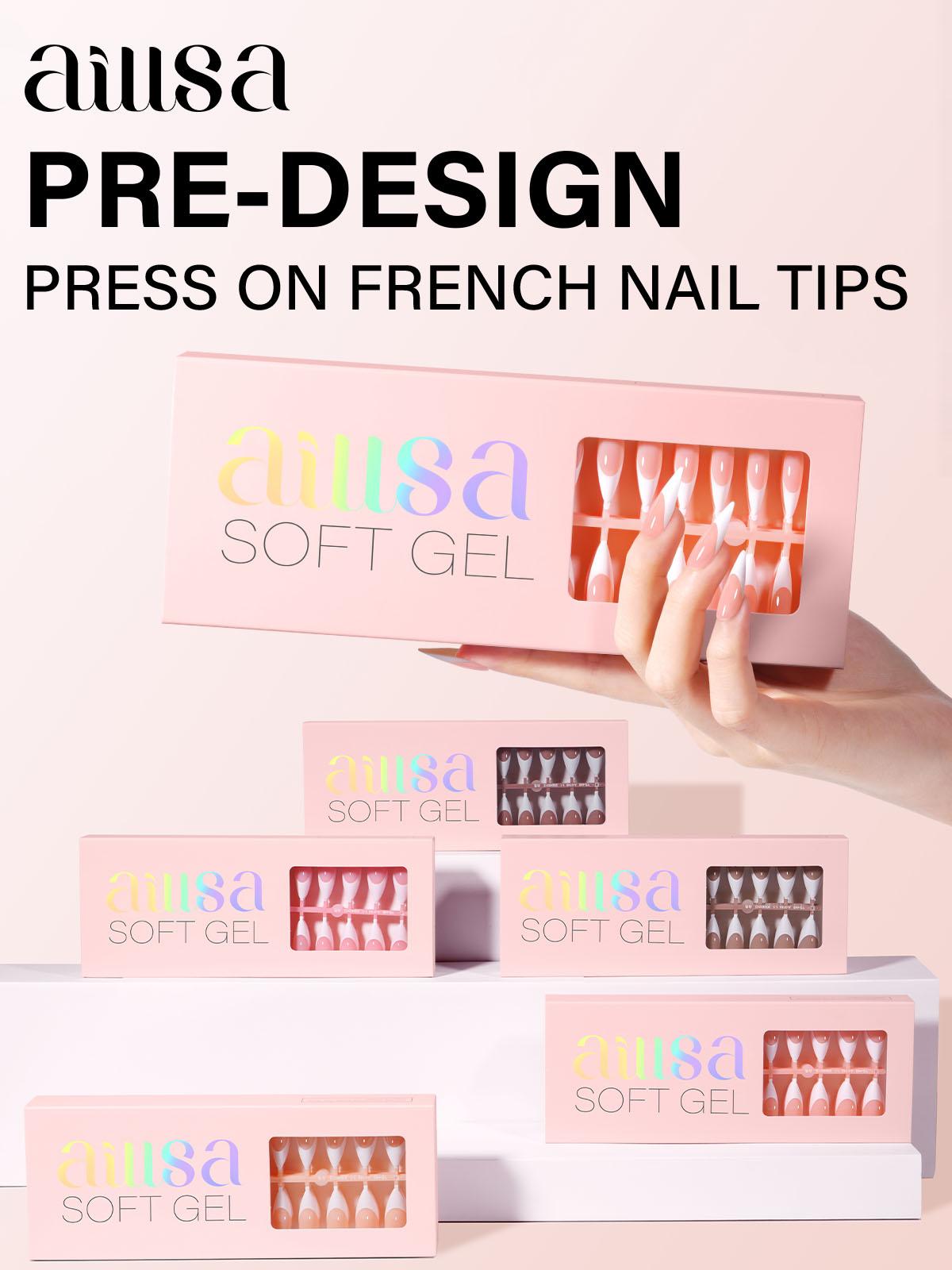 Aillsa Long Stiletto French Tip Nails Set - 180pcs Classic Nude Soft Gel Nail Tips in 15 sizes, Mini UV Lamp, Base coat and Top coat, Easy to Wear Soak Off Acrylic Fake Nails Extensions DIY Nail Art at home  Gift For Women gel nail nail glue
