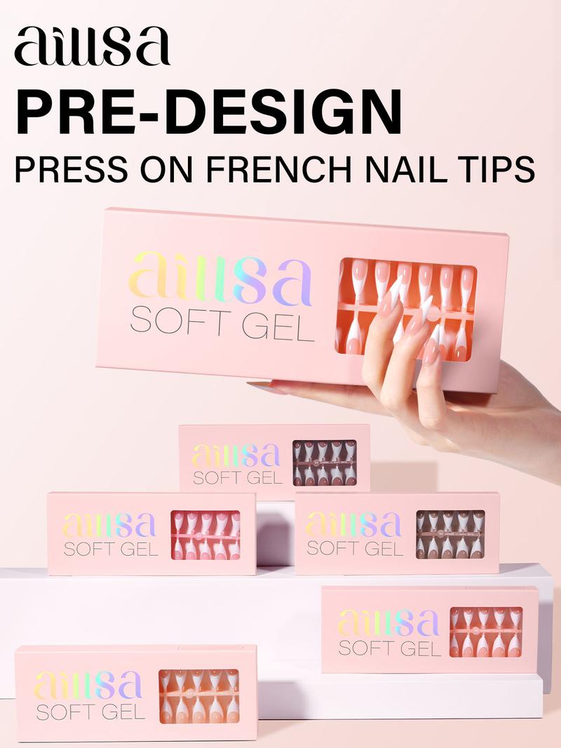 Aillsa Long Stiletto French Tip Nails Set - 180pcs Classic Nude Soft Gel Nail Tips in 15 sizes, Mini UV Lamp, Base coat and Top coat, Easy to Wear Soak Off Acrylic Fake Nails Extensions DIY Nail Art at home  Gift For Women gel nail nail glue