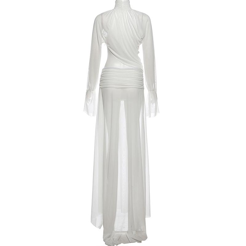 DOUCIU Summer Beach Vacation Yacht Party Sexy Hot Beautiful Cool Women'S Thin Style Solid Color Mesh See Through Long Sleeved Top Skirt Two-Piece Set