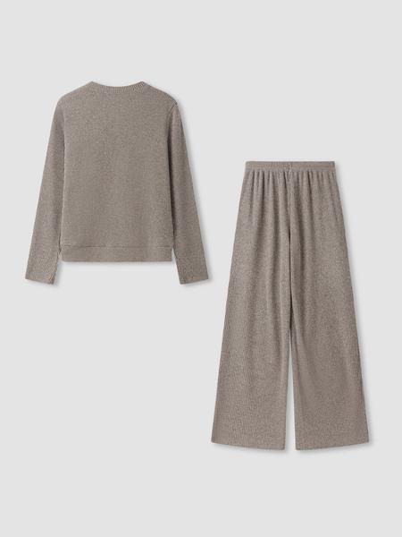 Women’s Casual Comfortable Round Neck Long Sleeve Knit Sweater Set with Pockets, High-Waisted Wide-Leg Pants, Perfect for Daily Wear