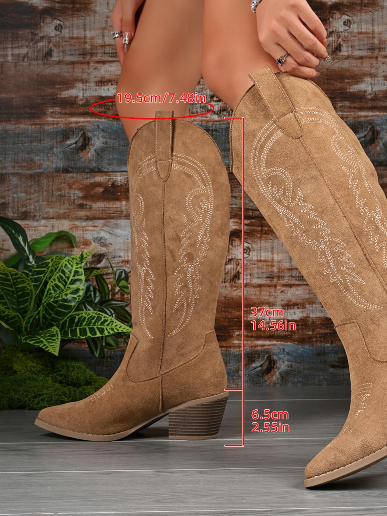 Women's Brown Suede Western Knee-High Boots, Pointed Toe Mid-Heel Cowgirl Boots with Embroidered Detail, Retro Stylish Comfortable Footwear, Versatile Trendy Boots for Daily Outfits, Fashionable Women's Cowboy Shoes with Vintage Vibe