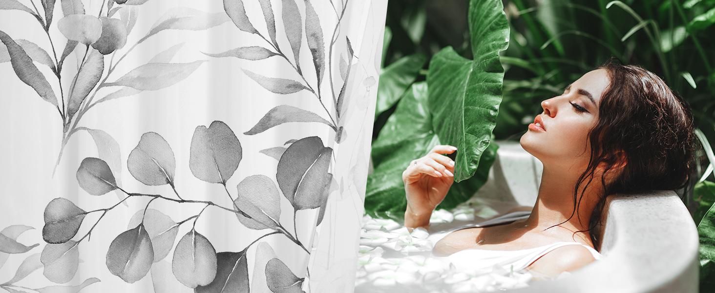 Grey Spring Floral Shower Curtain, Modern Plants Botanical Fabric Cloth Shower Curtains for Chic Elegant Bathroom Decor, Summer Watercolor Eucalyptus Leaf, 72x72