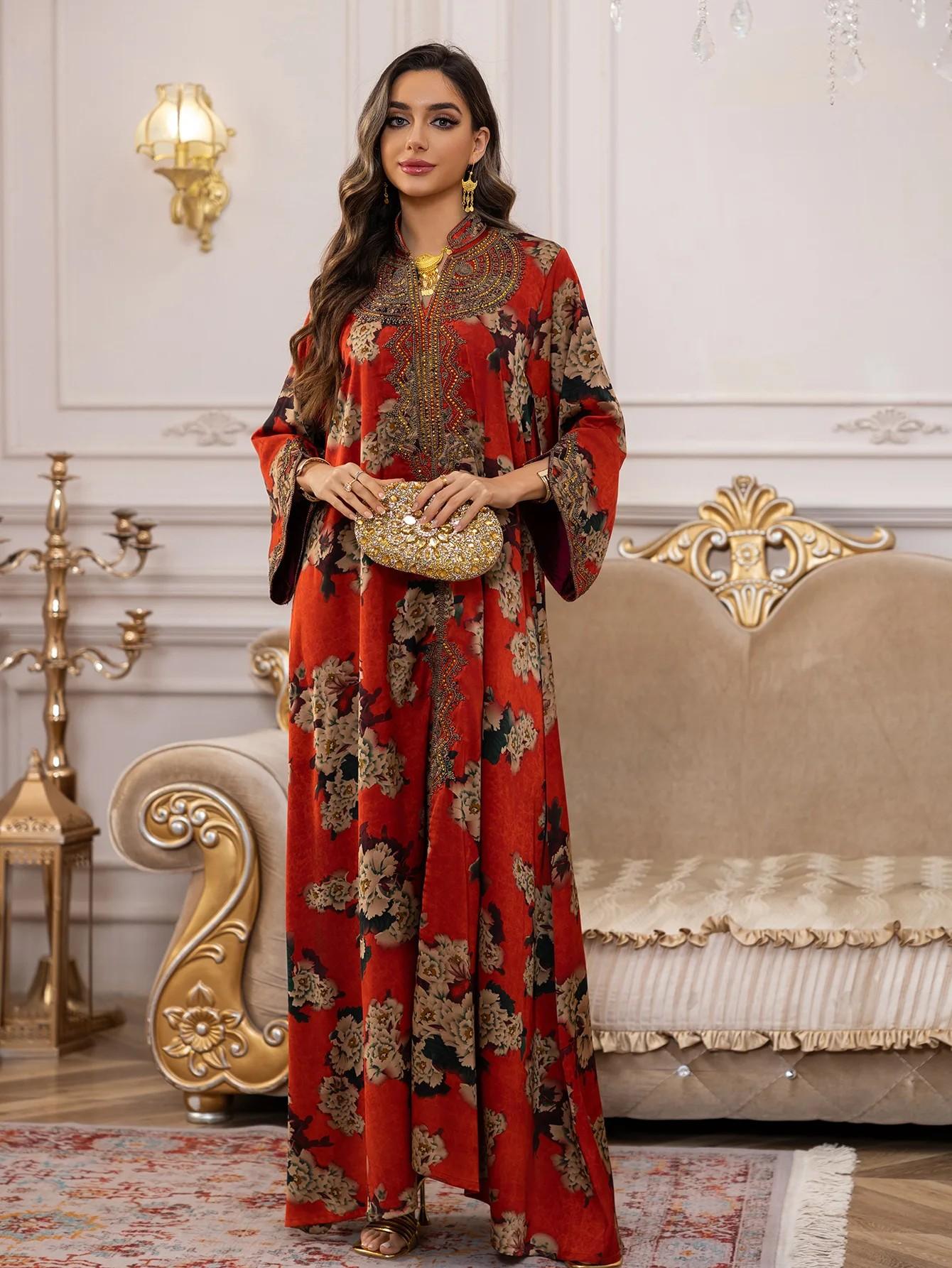 Middle Eastern Muslim Fashion Abaya, V-Neck Embroidered Ethnic Long Sleeve Dress, Modest Dresses, Modest Muslim Outfits, Modesty Muslim Clothing, Islamic Muslim Clothing, All Seasons Fitted Glossy Fabric, 103375 Model