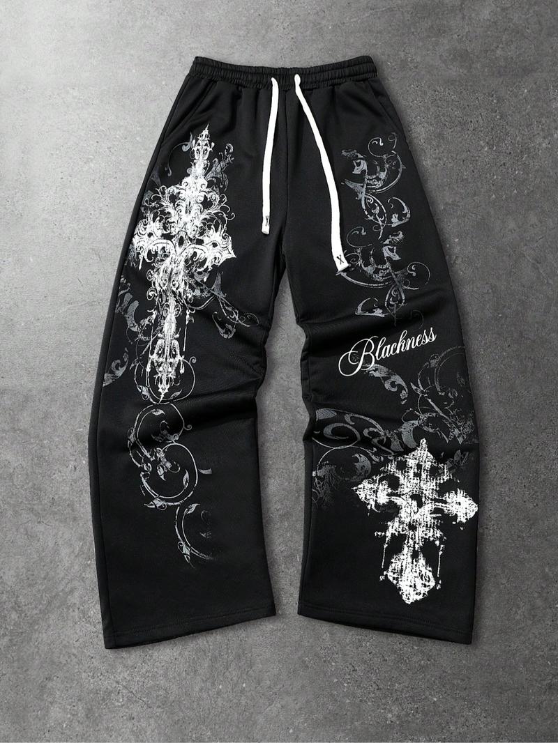 Men's Street Style Straight Leg Sweatpants, Design Sense American Fashion Rhinestone Embroidery, Unisex Casual Pants for Daily Wear, Casual Sporty Trousers