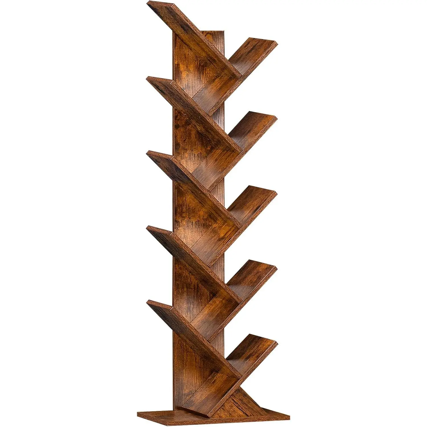 10 Tier Tree Book Shelf, Floor Standing Wood Bookshelf for Narrow Space | Tall Storage For Bedroom, Living Room & Home Office; Compact Floor Organizer For Books/CDs/Magazine & Small Decor