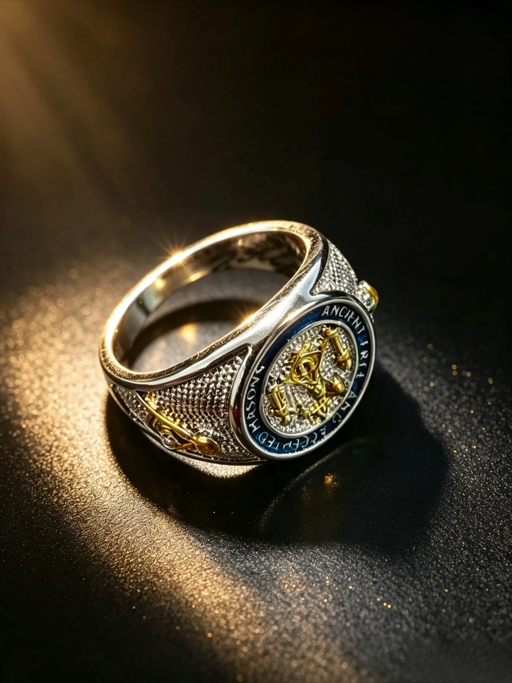 Two Tone Plated Masonic Men Signet Ring, Ancient Free And Accepted Masons Symbol Ring, Blue Enamel Freemason Geometric Wide Band Jewelry, Hypoallergenic Non Tarnish Finger Ring, Suitable For Daily Wear, Club Gathering, Holiday Gift For Men