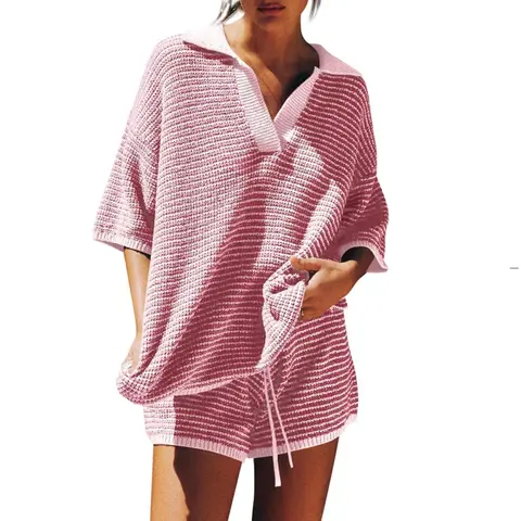 TANKANEO Women's 2-Piece Minimalist Loose Loungewear Pajama Set - Soft Lightweight Oversized Short-Sleeve V-Neck Knit Fabric Top, Drawstring Shorts, Comfortable Casual Nightwear, Plus Size Valentine's Day Gift Outfits (Sets for Women 2 Piece)