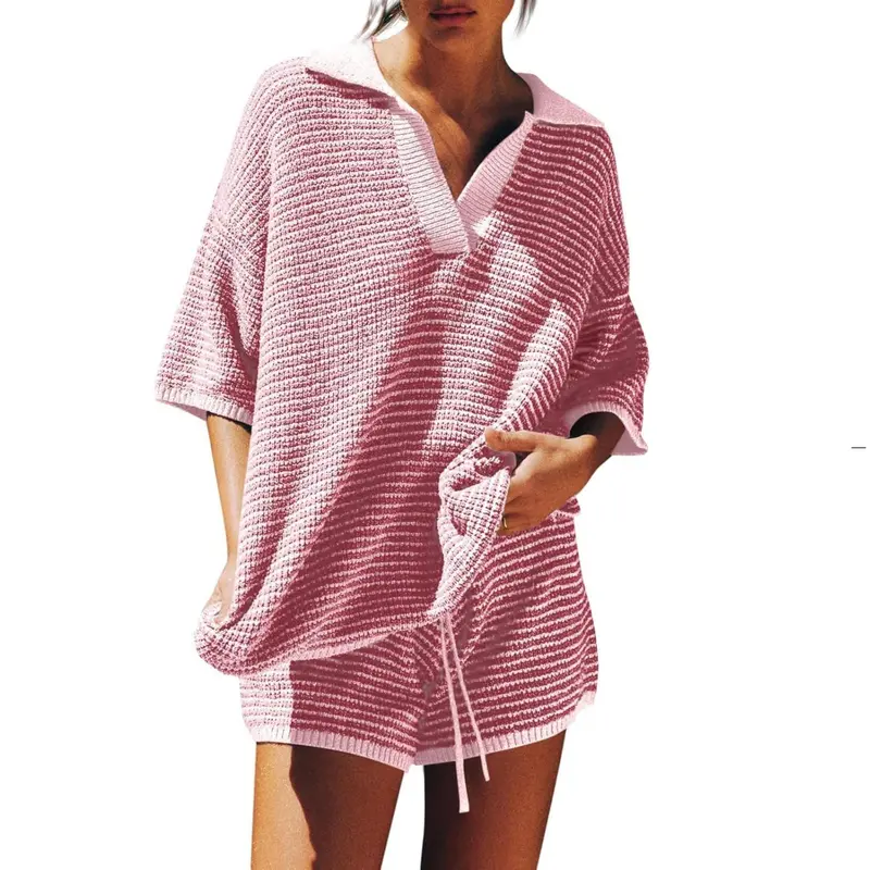 TANKANEO Women's 2-Piece Minimalist Loose Loungewear Pajama Set - Soft Lightweight Oversized Short-Sleeve V-Neck Knit Fabric Top, Drawstring Shorts, Comfortable Casual Nightwear, Plus Size Valentine's Day Gift Outfits (Sets for Women 2 Piece)