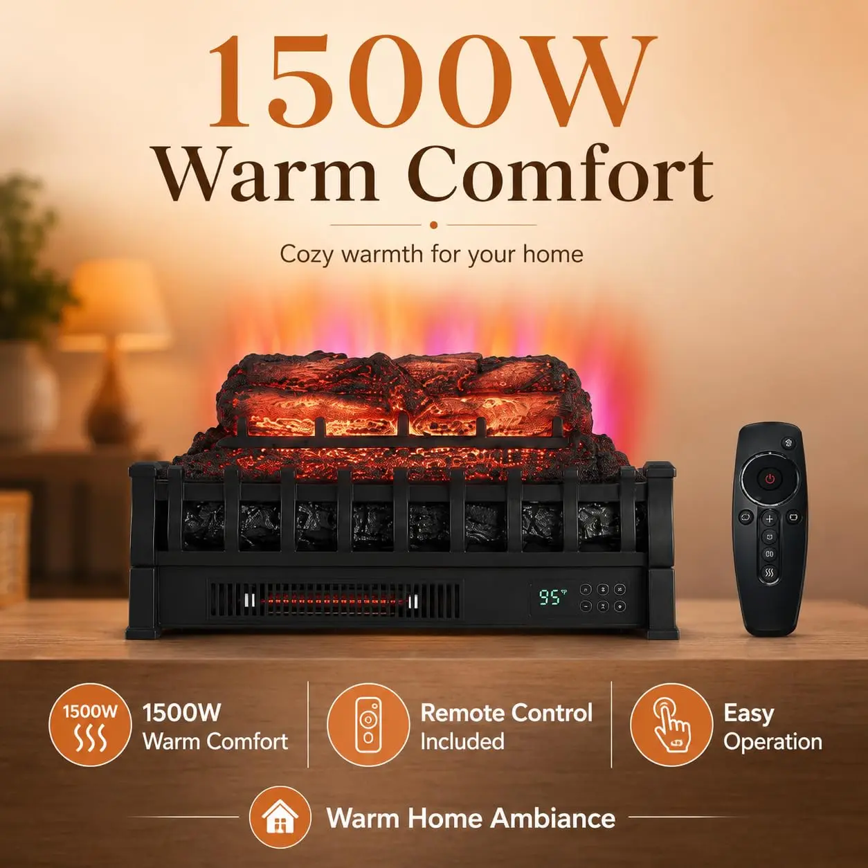 IdealHouse 26-in Black Rectangular Electric Fireplace Log Insert Heater, 1500W Power, 120V Plug, LED Display, 5 Flame Effects, 5 Brightness Levels, Remote Control, Indoor Use, Heat + Flame Functions