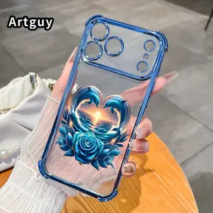 Dolphin Heart Rose Pattern Phone Case for iPhone 17 Pro Max 16 15 Plus Air 14 13 12 11 E Transparent Full Lens Protector Anti-slip Protective Cover